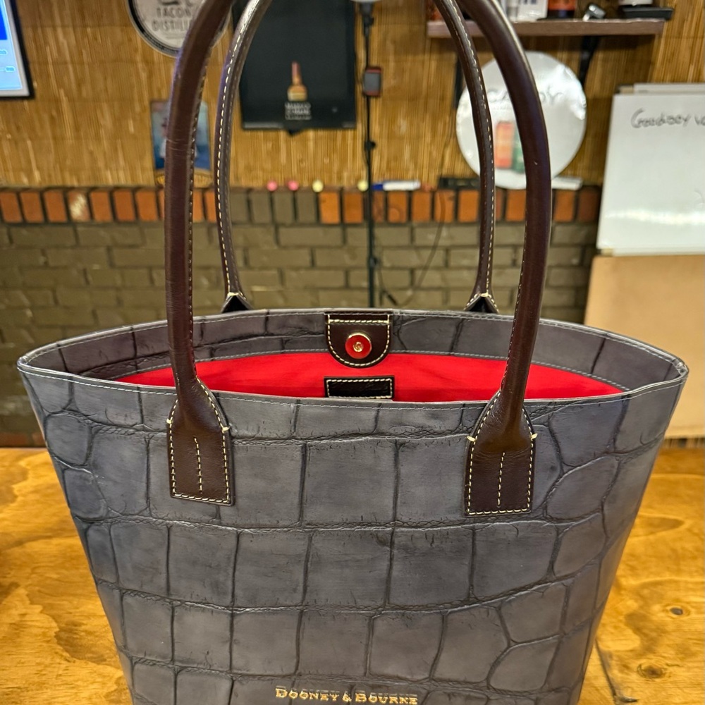 Dooney & Bourke Gray and Red Woven Tote with Leather Handles
